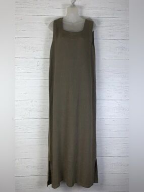 Tom Tom Women's Maxi Dress Sleeveless Scoop Neck  Linen blend brown M side slits